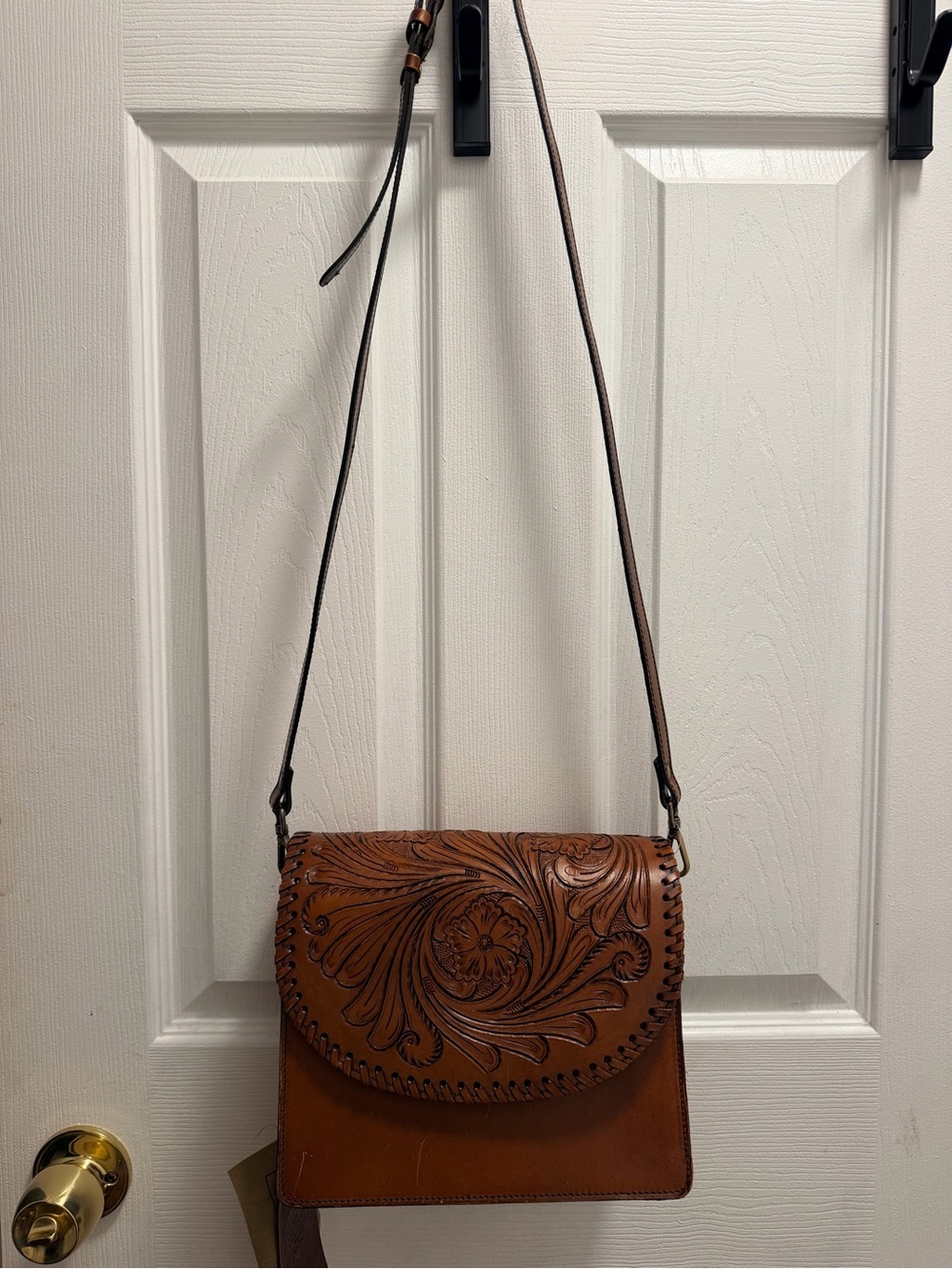 Tooled Leather Floral Crossbody Bag - Brown - Picture 2 of 5
